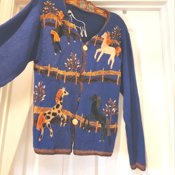 VTG Charter Club Women's Navy Horse Western Cardigan Sweater Polo Style Medium main image 1